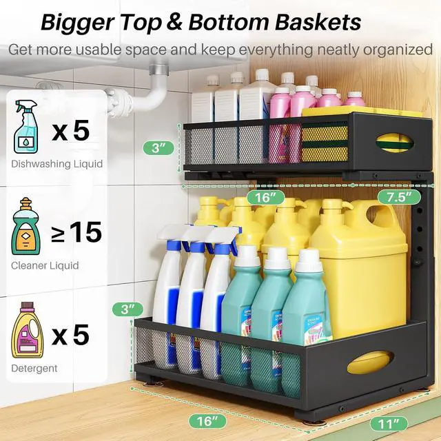 Alt view image 3 of 7 - Under Sink Organizer, 2-Pack Pull Out Cabinet Organizer 2 Tier Metal Slide Out Storage Shelf Rack, L-Shaped Adjustable Height,Mesh Sliding Drawer for Kitchen, Bathroom, Laundry, Pantry, Black, XL