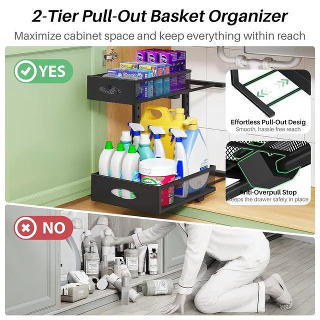 Alt view image 4 of 7 - Under Sink Organizer, 2-Pack Pull Out Cabinet Organizer 2 Tier Metal Slide Out Storage Shelf Rack, L-Shaped Adjustable Height,Mesh Sliding Drawer for Kitchen, Bathroom, Laundry, Pantry, Black, XL