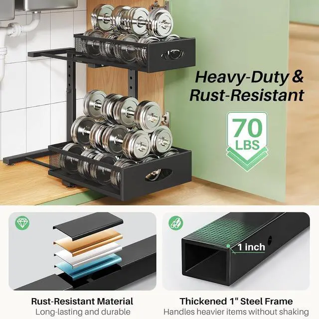 Alt view image 6 of 7 - Under Sink Organizer, 2-Pack Pull Out Cabinet Organizer 2 Tier Metal Slide Out Storage Shelf Rack, L-Shaped Adjustable Height,Mesh Sliding Drawer for Kitchen, Bathroom, Laundry, Pantry, Black, XL
