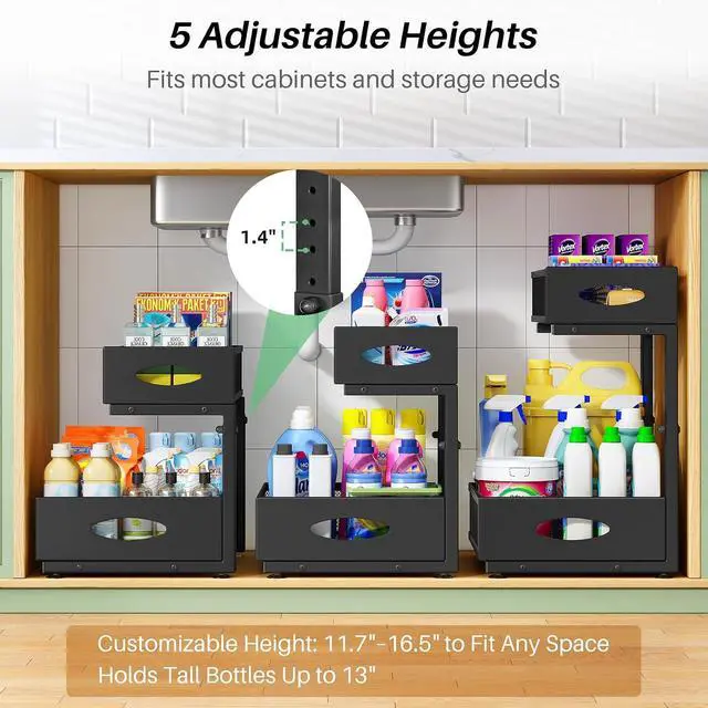 Alt view image 5 of 7 - Under Sink Organizer, 2-Pack Pull Out Cabinet Organizer 2 Tier Metal Slide Out Storage Shelf Rack, L-Shaped Adjustable Height,Mesh Sliding Drawer for Kitchen, Bathroom, Laundry, Pantry, Black, XL