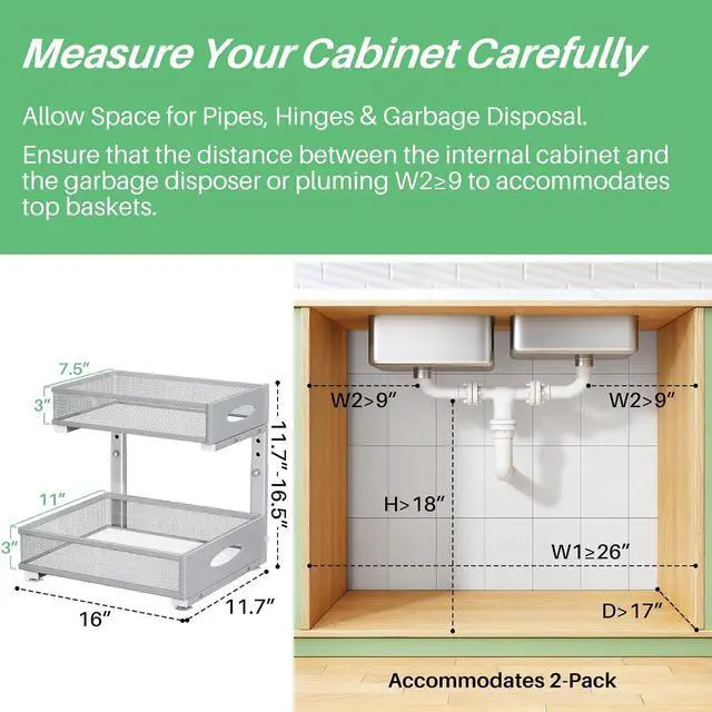 Alt view image 2 of 7 - Under Sink Organizer, 2-Pack Pull Out Cabinet Organizer 2 Tier Metal Slide Out Storage Shelf Rack, L-Shaped Adjustable Height,Mesh Sliding Drawer for Kitchen, Bathroom, Laundry, Pantry, Grey, XL