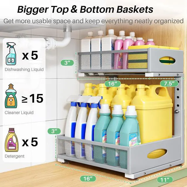 Alt view image 3 of 7 - Under Sink Organizer, 2-Pack Pull Out Cabinet Organizer 2 Tier Metal Slide Out Storage Shelf Rack, L-Shaped Adjustable Height,Mesh Sliding Drawer for Kitchen, Bathroom, Laundry, Pantry, Grey, XL