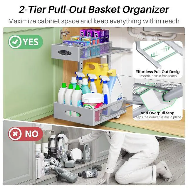 Alt view image 4 of 7 - Under Sink Organizer, 2-Pack Pull Out Cabinet Organizer 2 Tier Metal Slide Out Storage Shelf Rack, L-Shaped Adjustable Height,Mesh Sliding Drawer for Kitchen, Bathroom, Laundry, Pantry, Grey, XL