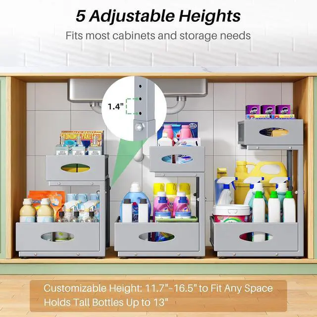 Alt view image 5 of 7 - Under Sink Organizer, 2-Pack Pull Out Cabinet Organizer 2 Tier Metal Slide Out Storage Shelf Rack, L-Shaped Adjustable Height,Mesh Sliding Drawer for Kitchen, Bathroom, Laundry, Pantry, Grey, XL