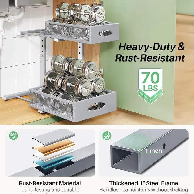 Alt view image 6 of 7 - Under Sink Organizer, 2-Pack Pull Out Cabinet Organizer 2 Tier Metal Slide Out Storage Shelf Rack, L-Shaped Adjustable Height,Mesh Sliding Drawer for Kitchen, Bathroom, Laundry, Pantry, Grey, XL