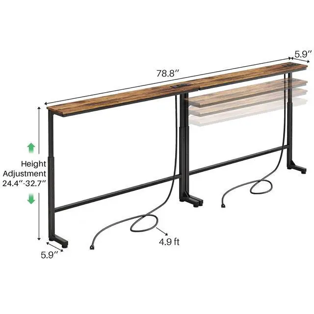 Alt view image 3 of 7 - Kitstorack 2-Pack Narrow Console Table with Adjustable Height (25"-33") & 2 Power Outlets, Skinny Behind Couch Table, 78.8" Long x 5.9" Wide Sofa Side Table for Living Room, Rustic Brown