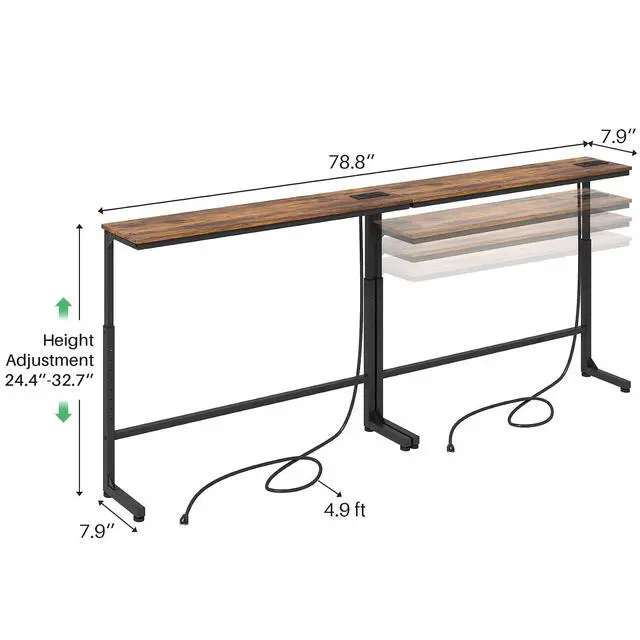 Alt view image 3 of 7 - Kitstorack Narrow Sofa Table with Charging Station, 78.8" Behind Couch Table, Adjustable 24.4"-32.7" Height, Modular 2-piece Design for sectionals, entryways, Apartments, and Narrow Living Spaces