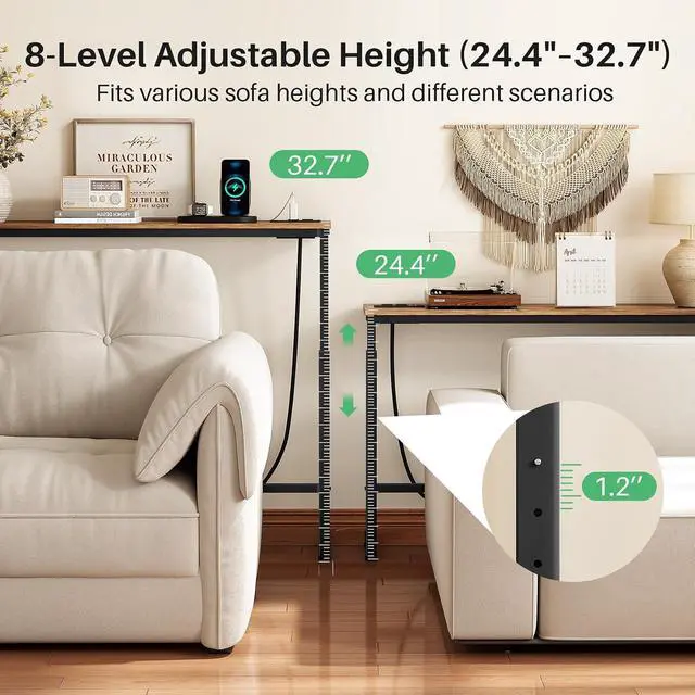 Alt view image 4 of 7 - Kitstorack Narrow Sofa Table with Charging Station, 78.8" Behind Couch Table, Adjustable 24.4"-32.7" Height, Modular 2-piece Design for sectionals, entryways, Apartments, and Narrow Living Spaces