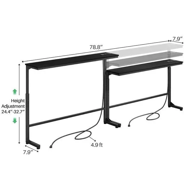 Alt view image 3 of 7 - Kitstorack Narrow Sofa Table with Charging Station, 78.8" Behind Couch Table, Adjustable 24.4"-32.7" Height, Modular 2-piece Design for sectionals, entryways, Apartments, and Narrow Living Spaces