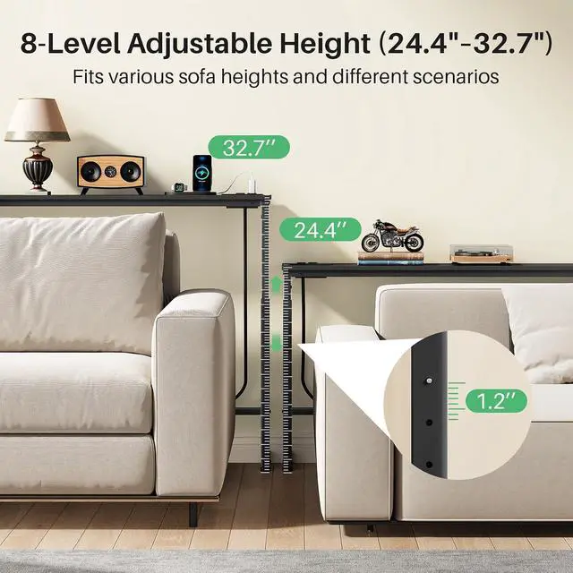 Alt view image 4 of 7 - Kitstorack Narrow Sofa Table with Charging Station, 78.8" Behind Couch Table, Adjustable 24.4"-32.7" Height, Modular 2-piece Design for sectionals, entryways, Apartments, and Narrow Living Spaces