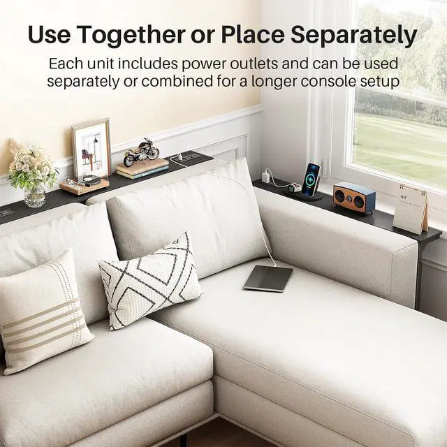 Alt view image 7 of 7 - Kitstorack Narrow Sofa Table with Charging Station, 78.8" Behind Couch Table, Adjustable 24.4"-32.7" Height, Modular 2-piece Design for sectionals, entryways, Apartments, and Narrow Living Spaces