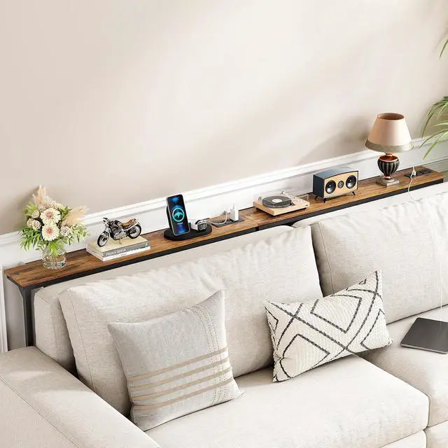 Alt view image 2 of 7 - Kitstorack Narrow Console Table Behind Sofa Couch, Design with Adjustable Height (25"-33") & Power Outlets, Small Entryway Table - 5.9" D x39.4 L, Rustic Brown