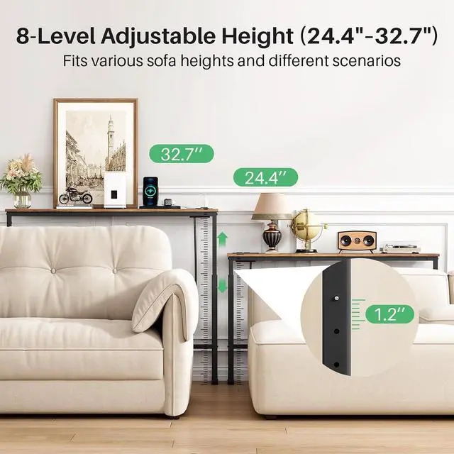 Alt view image 4 of 7 - Kitstorack Narrow Console Table Behind Sofa Couch, Design with Adjustable Height (25"-33") & Power Outlets, Small Entryway Table - 5.9" D x39.4 L, Rustic Brown