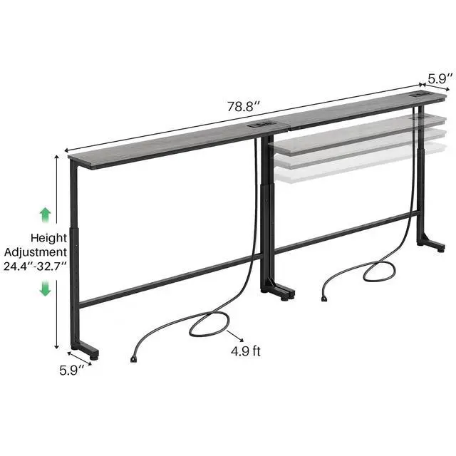 Alt view image 3 of 7 - Kitstorack Narrow Sofa Table with Charging Station, 78.8" Behind Couch Table, Adjustable 24.4"-32.7" Height, Modular 2-piece Design for sectionals, entryways, Apartments, and Narrow Living Spaces