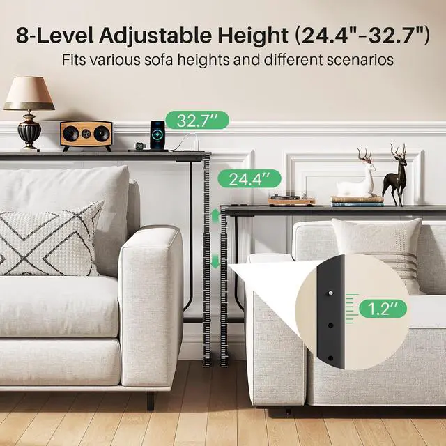Alt view image 4 of 7 - Kitstorack Narrow Sofa Table with Charging Station, 78.8" Behind Couch Table, Adjustable 24.4"-32.7" Height, Modular 2-piece Design for sectionals, entryways, Apartments, and Narrow Living Spaces