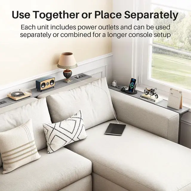 Alt view image 7 of 7 - Kitstorack Narrow Sofa Table with Charging Station, 78.8" Behind Couch Table, Adjustable 24.4"-32.7" Height, Modular 2-piece Design for sectionals, entryways, Apartments, and Narrow Living Spaces