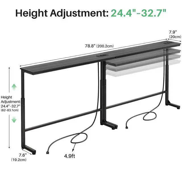 Alt view image 3 of 7 - Kitstorack Narrow Sofa Table with Charging Station, 78.8" Behind Couch Table, Adjustable 24.4"-32.7" Height, Modular 2-piece Design for sectionals, entryways, Apartments, and Narrow Living Spaces