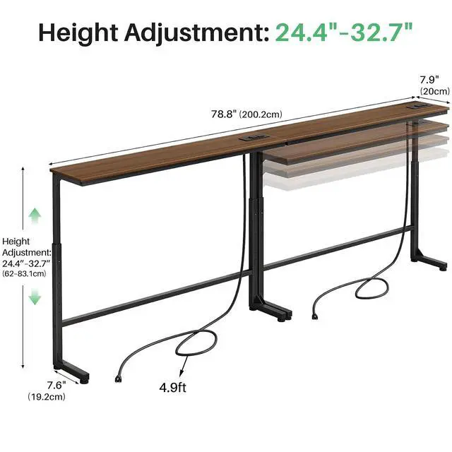 Alt view image 3 of 7 - Kitstorack Narrow Sofa Table with Charging Station, 78.8" Behind Couch Table, Adjustable 24.4"-32.7" Height, Modular 2-piece Design for sectionals, entryways, Apartments, and Narrow Living Spaces