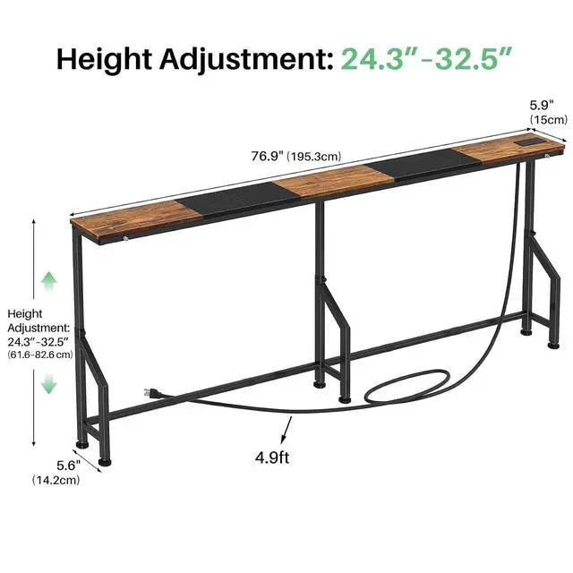 Alt view image 3 of 7 - Kitstorack 76.9" Narrow Console Table with Power Outlet for Living Room | Height Adjustment: 24.3"-32.5", 2 AC + USB + USB-C ports, 5.9" wide fits tight spaces, anti-tip screws included