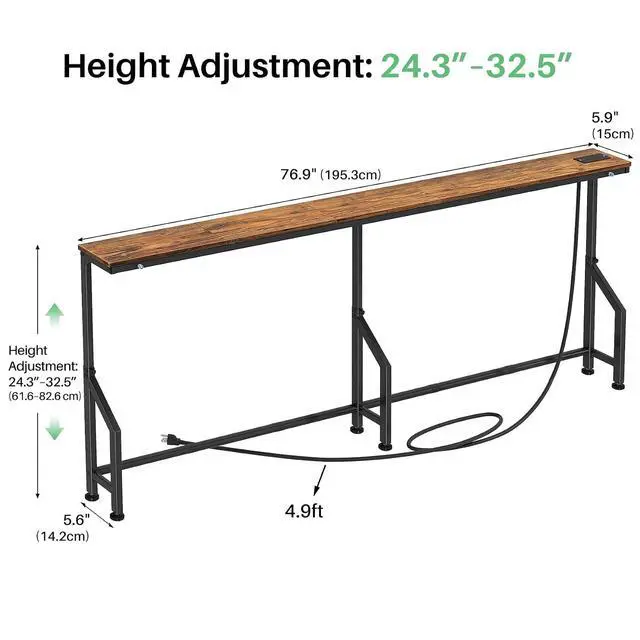 Alt view image 3 of 7 - Kitstorack 76.9" Narrow Console Table with Power Outlet for Living Room | Height Adjustment: 24.3"-32.5", 2 AC + USB + USB-C ports, 5.9" wide fits tight spaces, anti-tip screws included