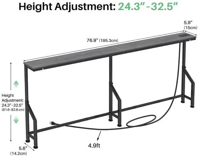 Alt view image 3 of 7 - Kitstorack 76.9" Narrow Console Table with Power Outlet for Living Room | Height Adjustment: 24.3"-32.5", 2 AC + USB + USB-C ports, 5.9" wide fits tight spaces, anti-tip screws included