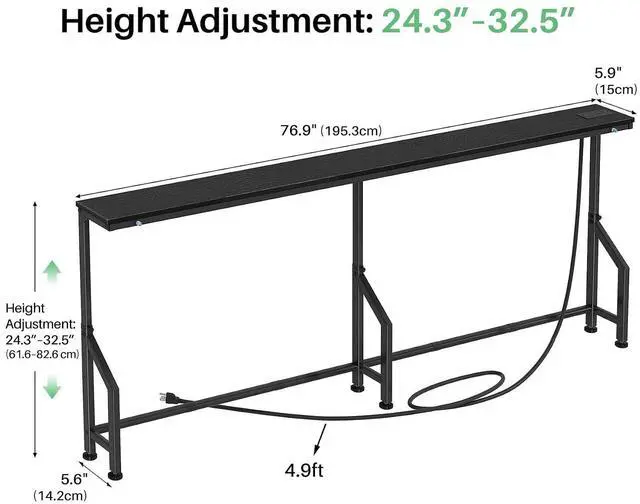 Alt view image 3 of 7 - Kitstorack 76.9" Narrow Console Table with Power Outlet for Living Room | Height Adjustment: 24.3"-32.5", 2 AC + USB + USB-C ports, 5.9" wide fits tight spaces, anti-tip screws included