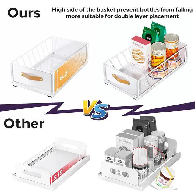 Alt view image 4 of 7 - Pull out Cabinet Organizer,Heavy Duty Slide out Pantry Shelves Drawer Storage with Adhesive Nano Film,Sliding Mesh Cabinet Basket with Handle for Kitchen, Bathroom, Home, 11.8W" X 15.7"D X 6.2"H,White