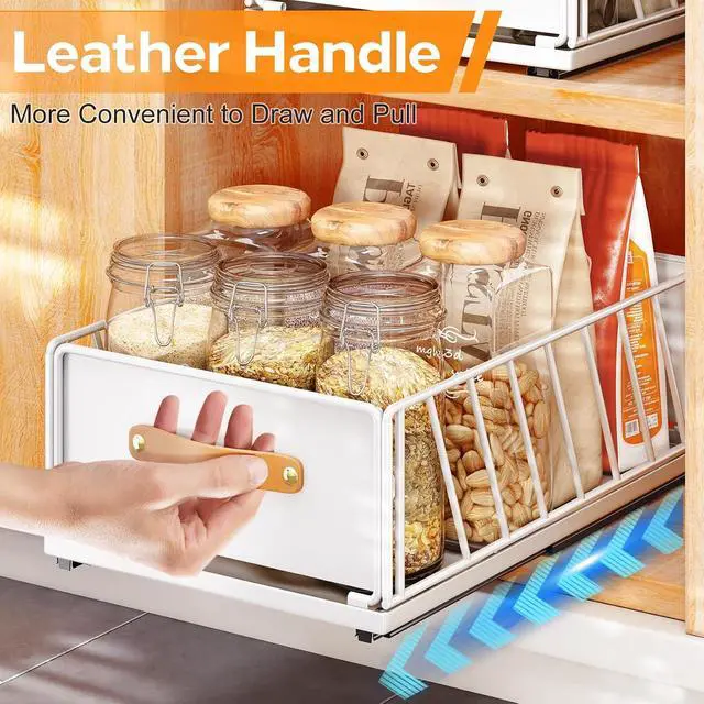 Alt view image 7 of 7 - Pull out Cabinet Organizer,Heavy Duty Slide out Pantry Shelves Drawer Storage with Adhesive Nano Film,Sliding Mesh Cabinet Basket with Handle for Kitchen, Bathroom, Home, 11.8W" X 15.7"D X 6.2"H,White