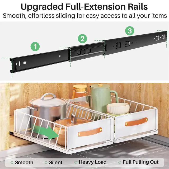 Alt view image 4 of 7 - Pull out Cabinet Organizer,Heavy Duty Slide out Pantry Shelves Drawer Storage with Adhesive Nano Film,Sliding Mesh Cabinet Basket with Handle for Kitchen, Bathroom, Home, 15.8"W X 21"D X 6.2"H,White
