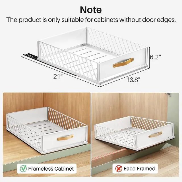 Alt view image 3 of 7 - Pull out Cabinet Organizer,Heavy Duty Slide out Pantry Shelves Drawer Storage with Adhesive Nano Film,Sliding Mesh Cabinet Basket with Handle for Kitchen, Bathroom, Home, 13.8"W X 21"D X 6.2"H,White