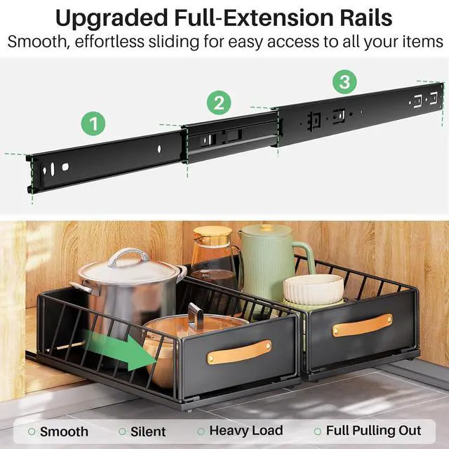 Alt view image 4 of 7 - Pull out Cabinet Organizer,Heavy Duty Slide out Pantry Shelves Drawer Storage with Adhesive Nano Film,Sliding Mesh Cabinet Basket with Handle for Kitchen, Bathroom, Home, 11.8"W X 15.7"D X6.2"H,Black