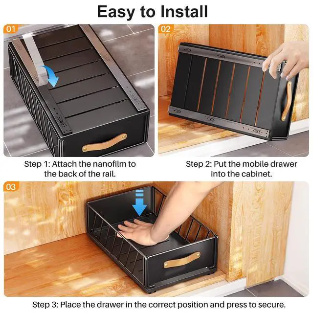 Alt view image 7 of 7 - Pull out Cabinet Organizer,Heavy Duty Slide out Pantry Shelves Drawer Storage with Adhesive Nano Film,Sliding Mesh Cabinet Basket with Handle for Kitchen, Bathroom, Home, 11.8"W X 15.7"D X6.2"H,Black