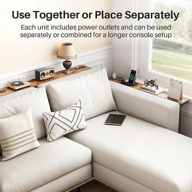 Alt view image 7 of 7 - Kitstorack 2-Pack Narrow Console Table with Adjustable Height (25"-33") & 2 Power Outlets, Skinny Behind Couch Table, 78.8" Long x 5.9" Wide Sofa Side Table for Living Room, Rustic Brown