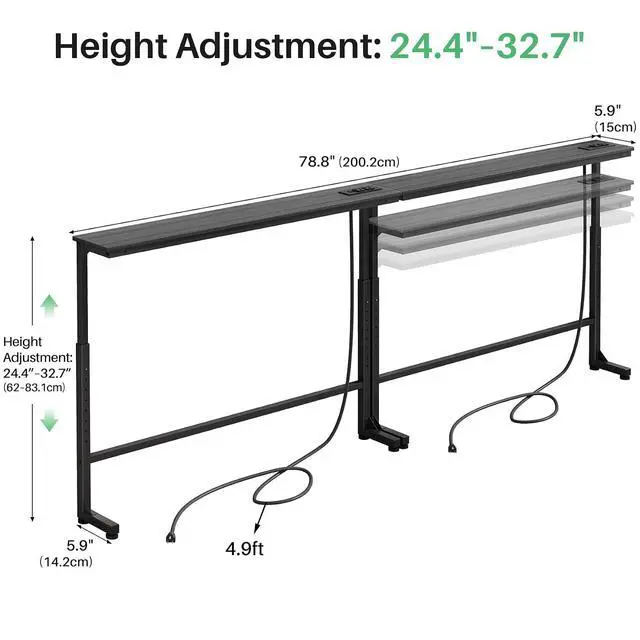 Alt view image 3 of 7 - Kitstorack Narrow Sofa Table with Charging Station, 78.8" Behind Couch Table, Adjustable 24.4"-32.7" Height, Modular 2-piece Design for sectionals, entryways, Apartments, and Narrow Living Spaces
