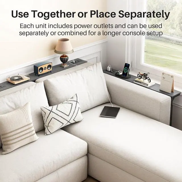 Alt view image 6 of 7 - Kitstorack Narrow Sofa Table with Charging Station, 78.8" Behind Couch Table, Adjustable 24.4"-32.7" Height, Modular 2-piece Design for sectionals, entryways, Apartments, and Narrow Living Spaces