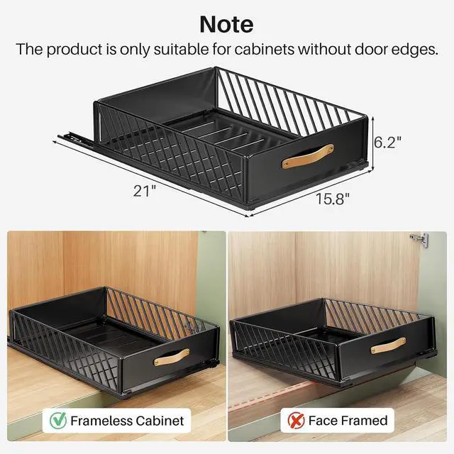 Alt view image 2 of 7 - Pull out Cabinet Organizer,Heavy Duty Slide out Pantry Shelves Drawer Storage with Adhesive Nano Film,Sliding Mesh Cabinet Basket with Handle for Kitchen, Bathroom, Home, 15.8"W X 21"D X6.2"H,Black