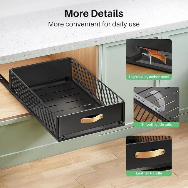 Alt view image 7 of 7 - Pull out Cabinet Organizer,Heavy Duty Slide out Pantry Shelves Drawer Storage with Adhesive Nano Film,Sliding Mesh Cabinet Basket with Handle for Kitchen, Bathroom, Home, 15.8"W X 21"D X6.2"H,Black