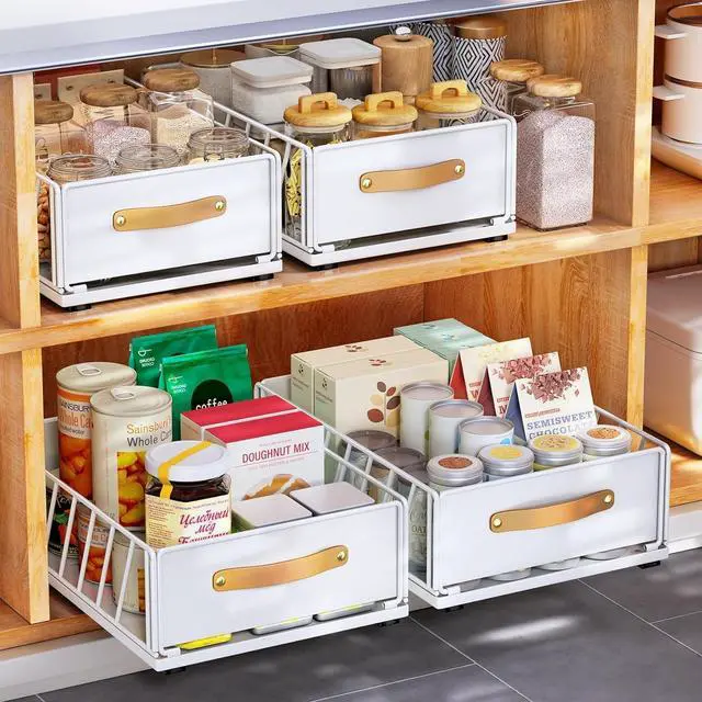 Main image of 2Pack Pull out Cabinet Organizer,Heavy Duty Slide out Pantry Shelves Drawer Storage with Adhesive Nano Film,Sliding Mesh Basket with Handle for Kitchen, Bathroom, Home, 11.8W" X 15.7"D X 6.2"H,White
