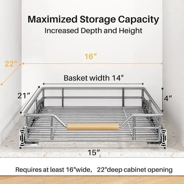 Alt view image 3 of 7 - Pull out Cabinet Organizer, 15"W X 21"D, Heavy Duty Smooth Sliding Under Cabinet Shelves for Pots and Pans, Full-Extension Roll out Drawers, Slide out Organization for Home Kitchen Pantry