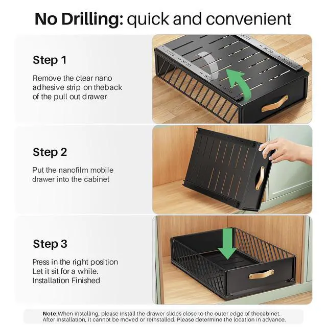 Alt view image 7 of 7 - Pull out Cabinet Organizer,Heavy Duty Slide out Pantry Shelves Drawer Storage with Adhesive Nano Film,Sliding Mesh Cabinet Basket with Handle for Kitchen, Bathroom, Home, 13.8"W X 21"D X6.2"H,Black