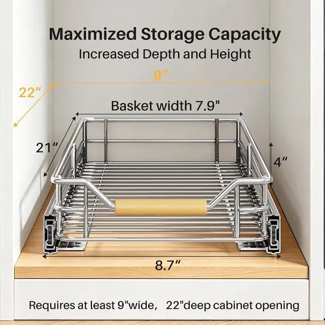 Alt view image 2 of 7 - Pull out Cabinet Organizer, 9"W X 21"D, Heavy Duty Smooth Sliding Under Cabinet Shelves for Pots and Pans, Full-Extension Roll out Drawers, Slide out Organization for Home Kitchen Pantry