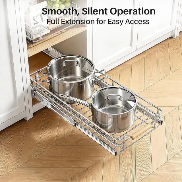 Alt view image 3 of 7 - Pull out Cabinet Organizer, 9"W X 21"D, Heavy Duty Smooth Sliding Under Cabinet Shelves for Pots and Pans, Full-Extension Roll out Drawers, Slide out Organization for Home Kitchen Pantry