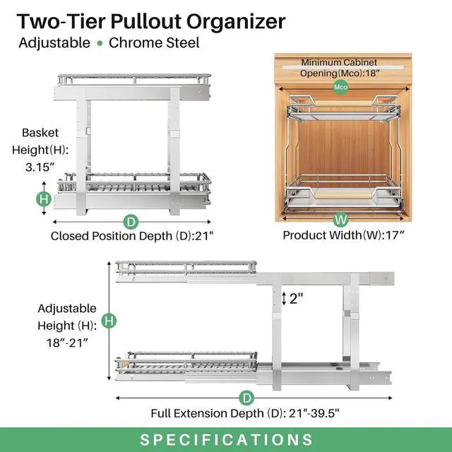Alt view image 3 of 7 - Pull out Cabinet Organizer, 2 Tiers 17"W X 21"D, Heavy Duty Smooth Sliding Under Cabinet Shelves for Pots and Pans, Full-Extension Roll out Drawers, Slide out Organization for Home Kitchen Pantry