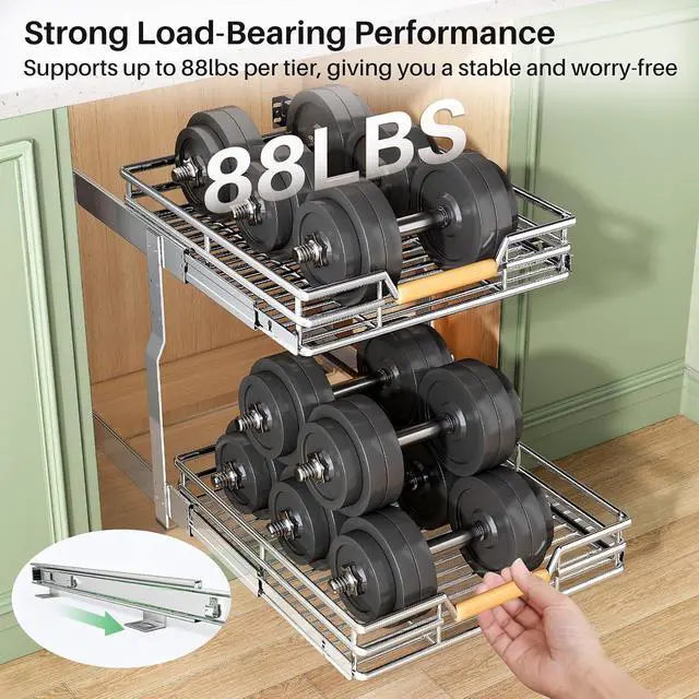 Alt view image 7 of 7 - Pull out Cabinet Organizer, 2 Tiers 17"W X 21"D, Heavy Duty Smooth Sliding Under Cabinet Shelves for Pots and Pans, Full-Extension Roll out Drawers, Slide out Organization for Home Kitchen Pantry