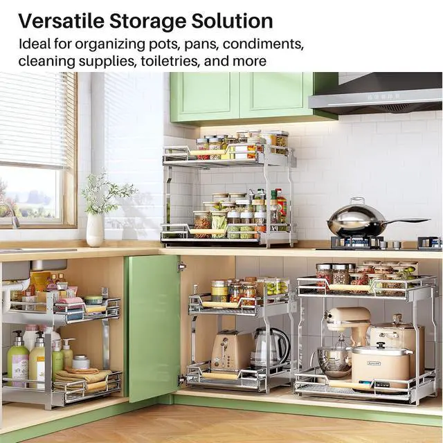 Alt view image 2 of 7 - Pull out Cabinet Organizer, 2 Tiers 17"W X 21"D, Heavy Duty Smooth Sliding Under Cabinet Shelves for Pots and Pans, Full-Extension Roll out Drawers, Slide out Organization for Home Kitchen Pantry