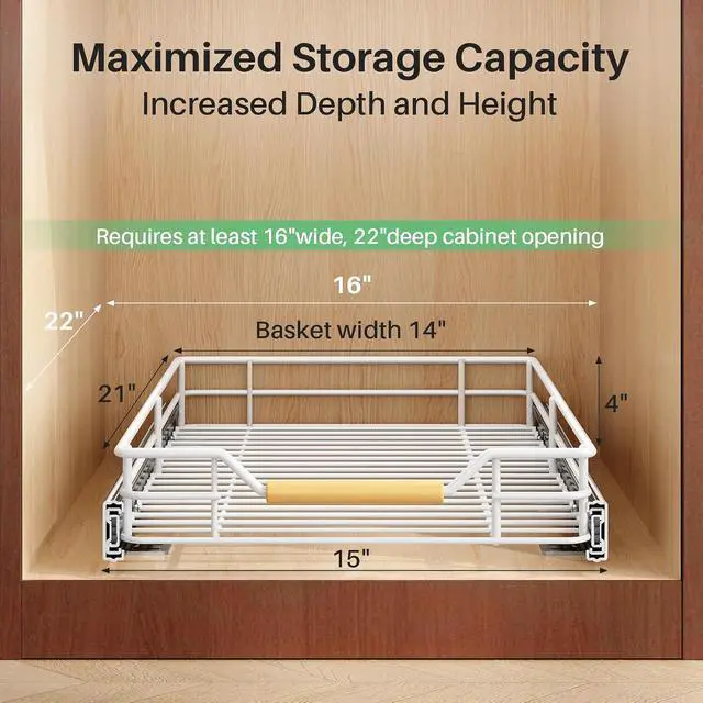 Alt view image 3 of 7 - Pull out Cabinet Organizer, 15"W X 21"D, Heavy Duty Smooth Sliding Under Cabinet Shelves for Pots and Pans, Full-Extension Roll out Drawers, Slide out Organization for Home Kitchen Pantry, White