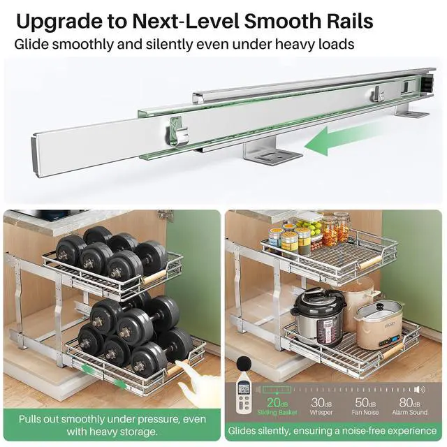 Alt view image 4 of 7 - Pull out Cabinet Organizer, 2 Tiers 17"W X 21"D, Heavy Duty Smooth Sliding Under Cabinet Shelves for Pots and Pans, Full-Extension Roll out Drawers, Slide out Organization for Home Kitchen Pantry
