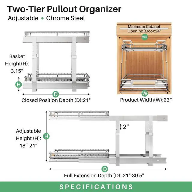 Alt view image 3 of 7 - Pull out Cabinet Organizer, 2 Tiers 23"W X 21"D, Heavy Duty Smooth Sliding Under Cabinet Shelves for Pots and Pans, Full-Extension Roll out Drawers, Slide out Organization for Home Kitchen Pantry