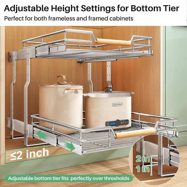 Alt view image 5 of 7 - Pull out Cabinet Organizer, 2 Tiers 17"W X 21"D, Heavy Duty Smooth Sliding Under Cabinet Shelves for Pots and Pans, Full-Extension Roll out Drawers, Slide out Organization for Home Kitchen Pantry