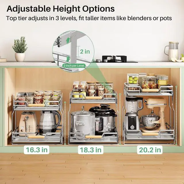 Alt view image 6 of 7 - Pull out Cabinet Organizer, 2 Tiers 17"W X 21"D, Heavy Duty Smooth Sliding Under Cabinet Shelves for Pots and Pans, Full-Extension Roll out Drawers, Slide out Organization for Home Kitchen Pantry